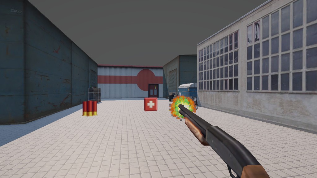 Birinci şahıs görünüm, ateş flaşı, cephane ve can toplama.