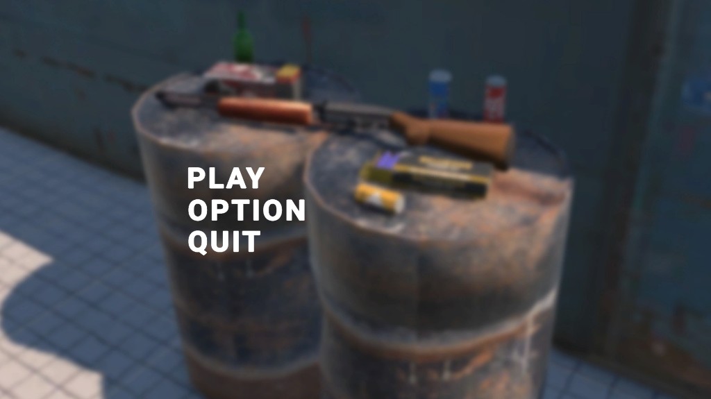 Ana menü: Play, Option, Quit; fıçılar ve pompalı tüfek.