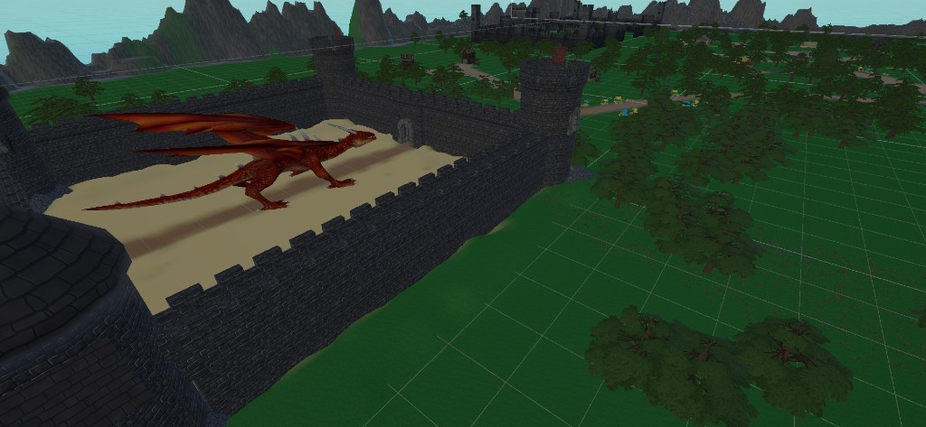 Kale avlusunda ejderha, çevre ve dağlar.