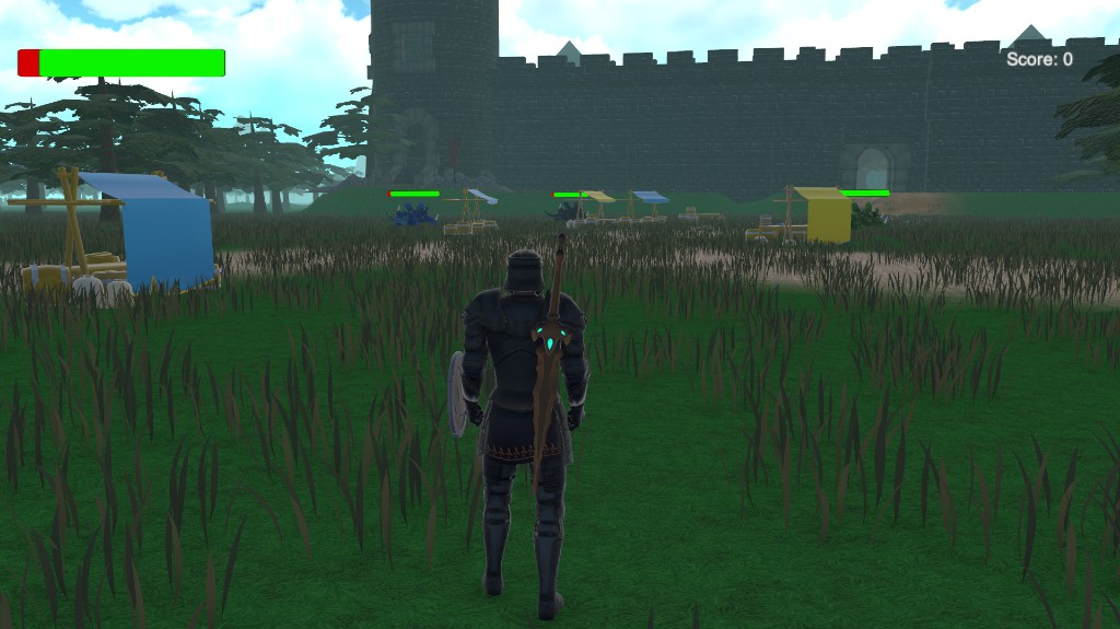 Şövalye kaleye doğru ilerliyor, pazar alanı ve düşmanlar.