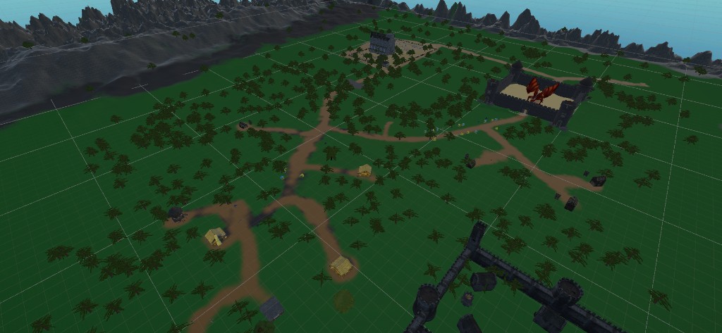 Kuş bakışı seviye düzeni: kale, köyler ve patikalar.