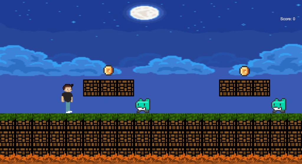 Ay ve bulutlu gece, lav çukuru, yüzen platformlar ve altın paralar.