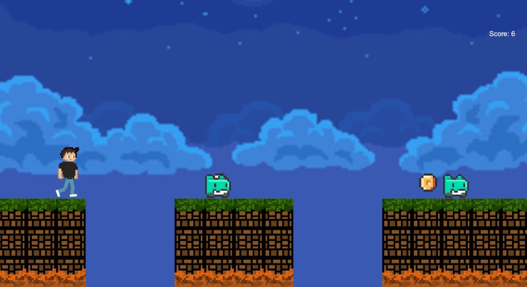 Gece platformer sahnesi: karakter, düşmanlar, boşluklar ve skor.